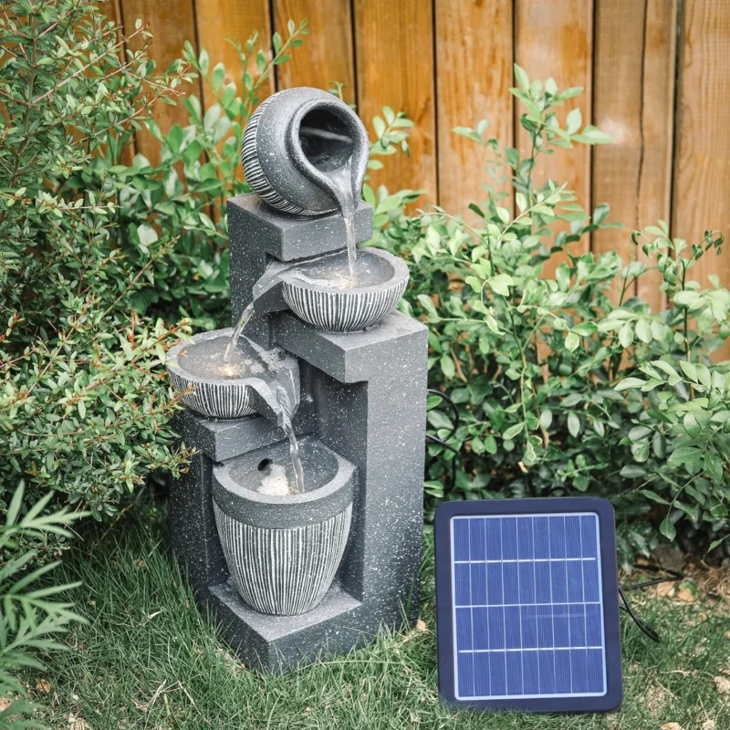 Solarbetriebener Gartenbrunnen mit LED – 4-stufige Kaskade mit Schalen und Pumpe