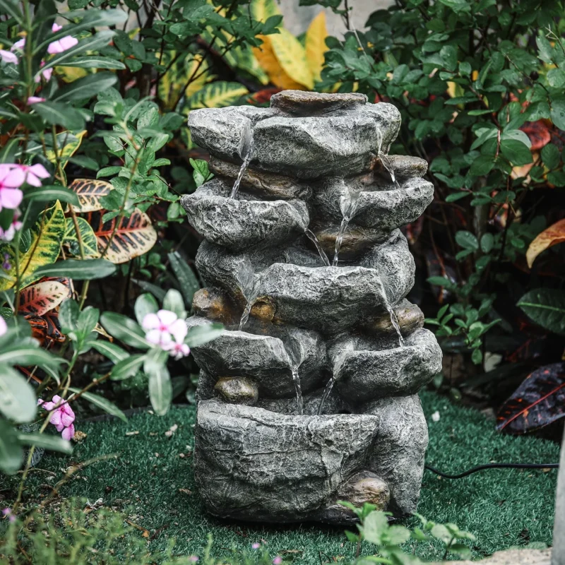 Gartenbrunnen mit Kaskade und Pumpe – 49 cm hoch, mehrstufiges Wasserspiel