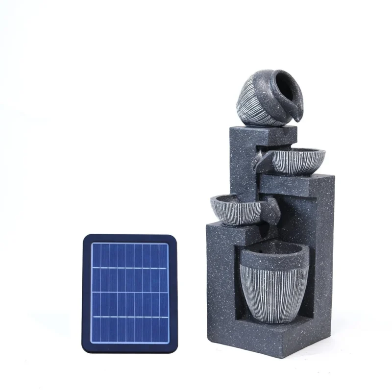 Solarbetriebener Gartenbrunnen mit LED – 4-stufige Kaskade mit Schalen und Pumpe